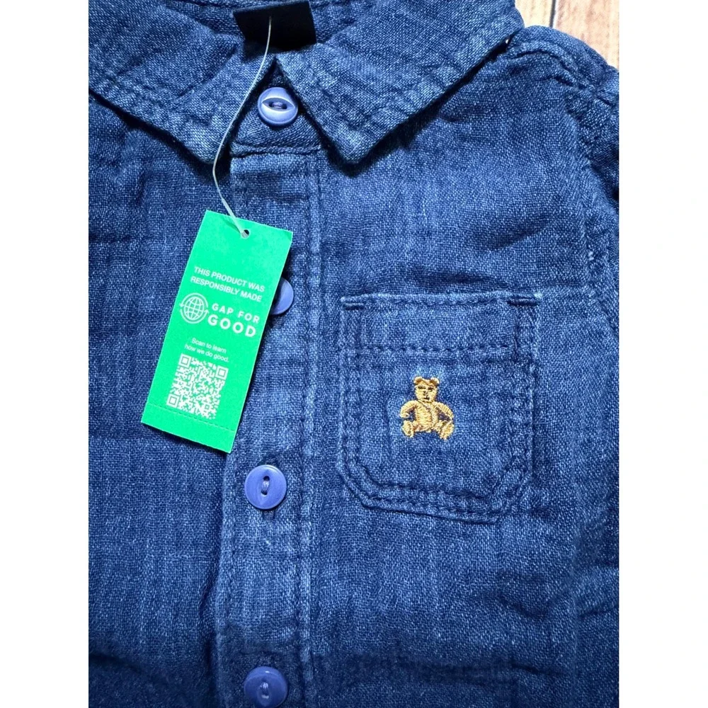 Baby Gap Blue Double Gauze Cotton Brannan Bear Romper 0-3 Months NEW